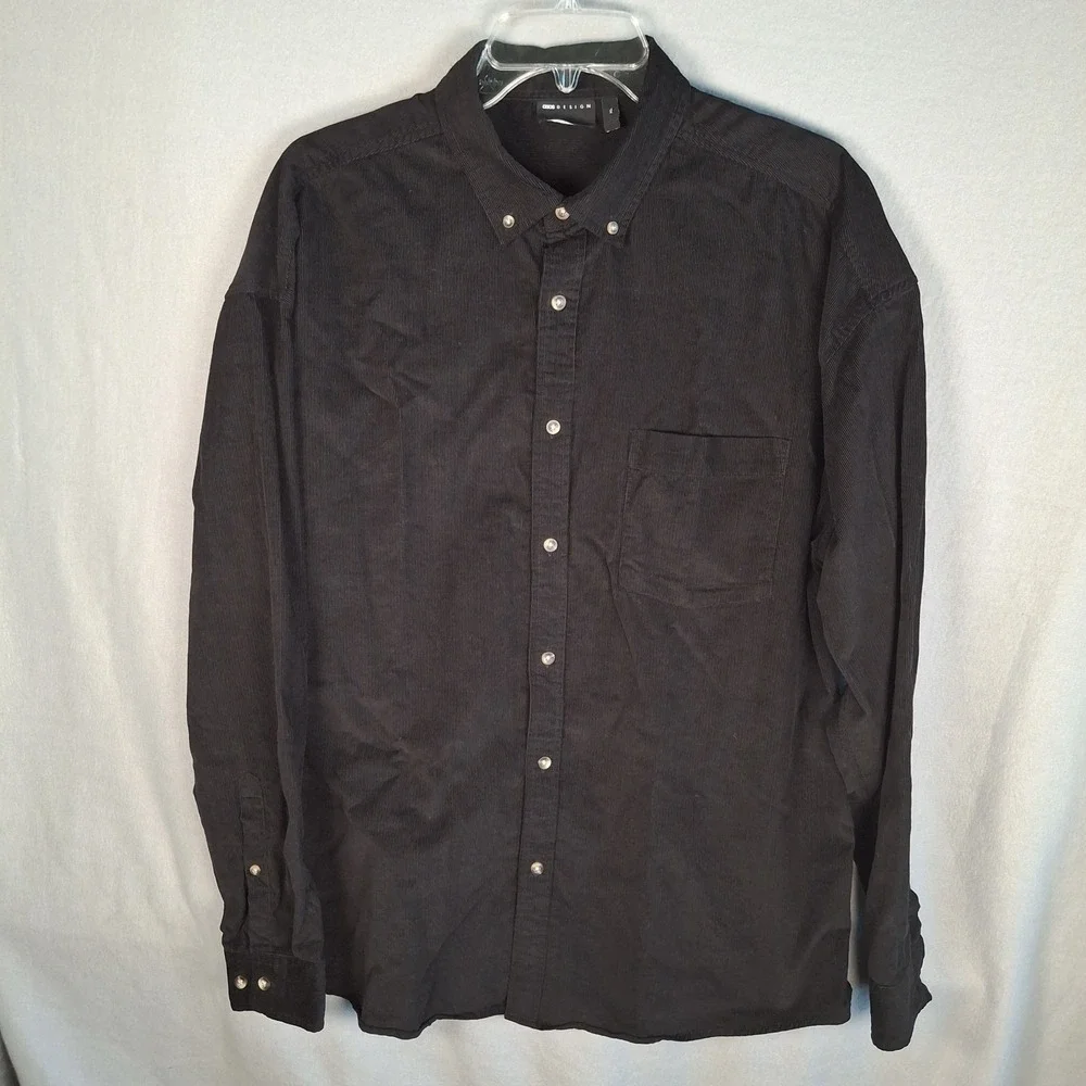 ASOS DESIGN Mens Black Corduroy Shirt Size XL Long Sleeve Button‎ Down Pocket